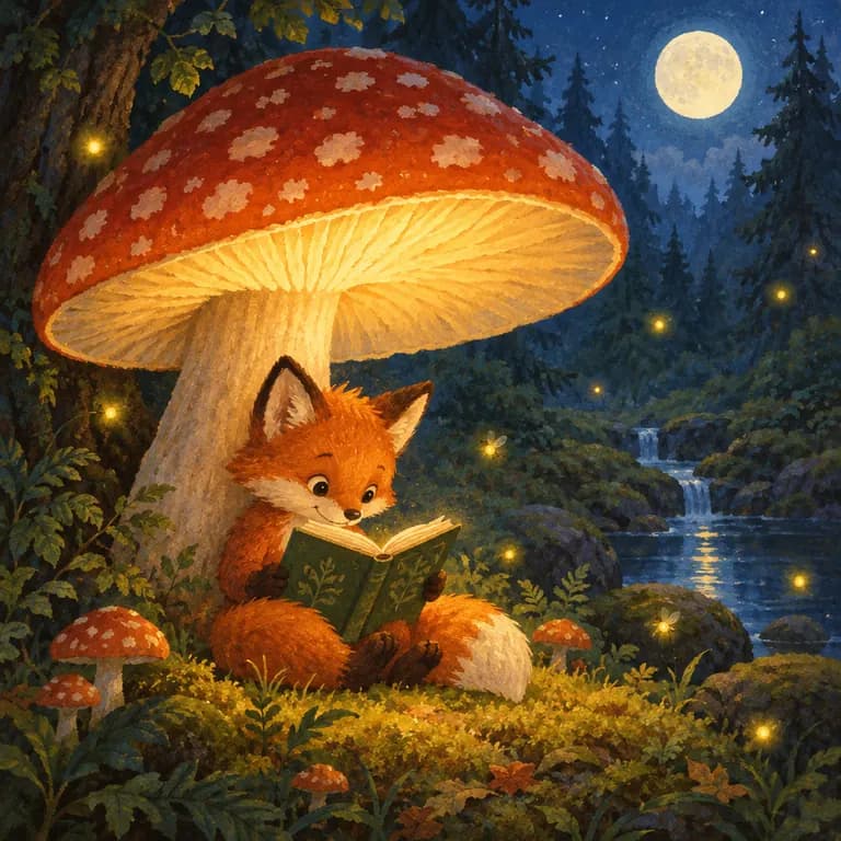 Wygenerowana przez AI ilustracja lisa czytającego pod świecącym grzybem w lesie nocą