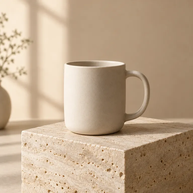 Wygenerowane przez AI zdjęcie studyjne beżowego kubka ceramicznego na bloku trawertynu w miękkim porannym świetle